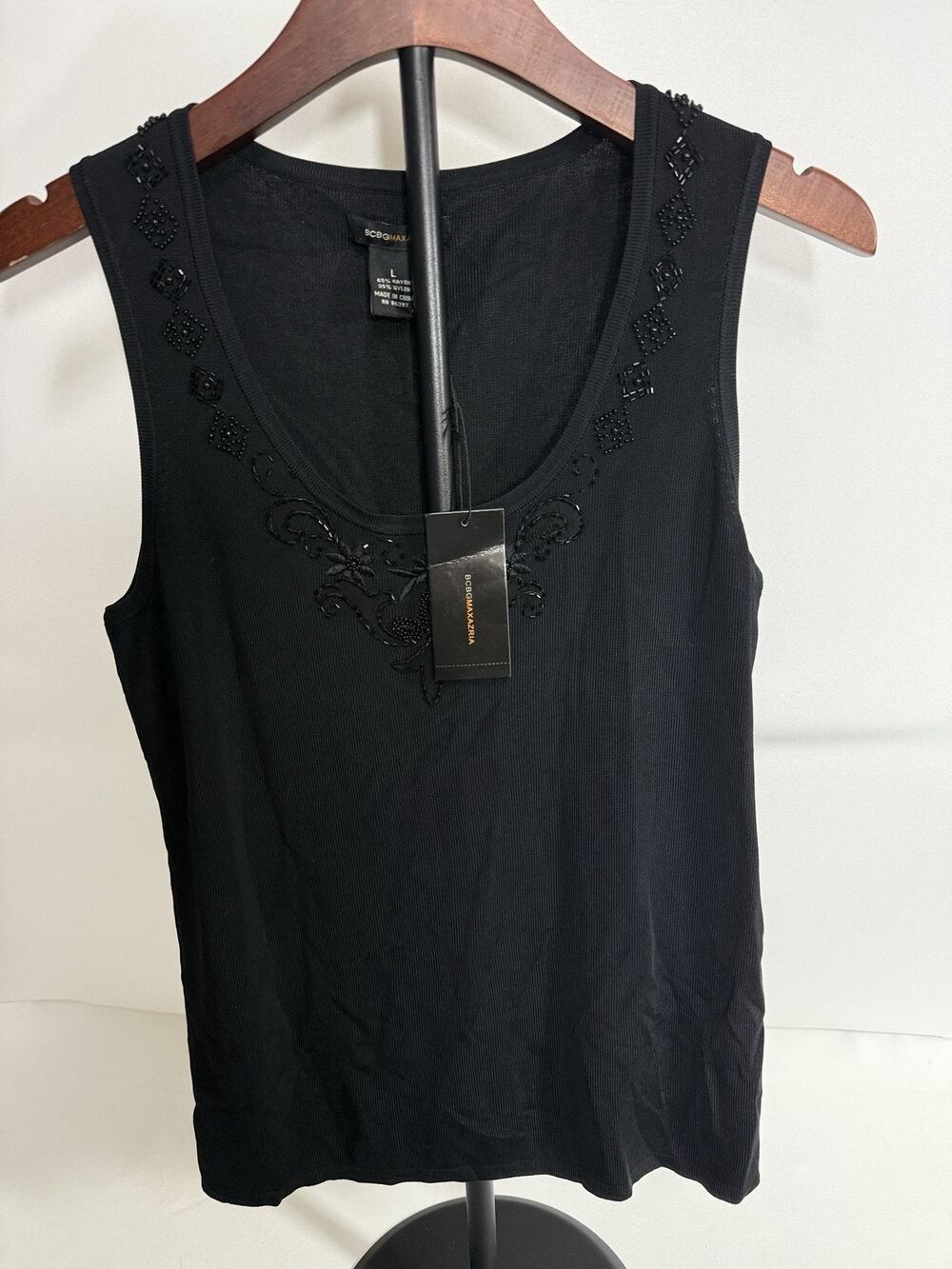 BCBGMAXAZRIA Women’s Black Embellished Tank Top – Size L – New with Tags